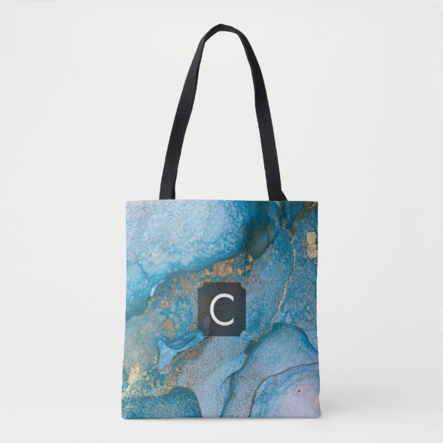 Aquamarine und goldene Alkoholtink Liquid Art Mit  Tasche (Vorderseite)