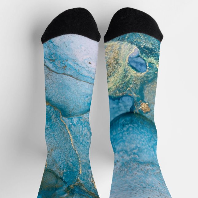 Aquamarine und goldene Alkoholtinte Abstrakte Flüs Socken (Oben)