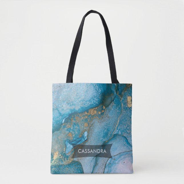 Aquamarine und goldene Alkoholtinte Abstrakte Flüs Tasche (Vorderseite)
