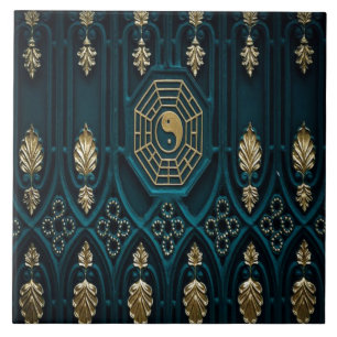 Aquamarine und goldene asiatische Abstrakt Fliese
