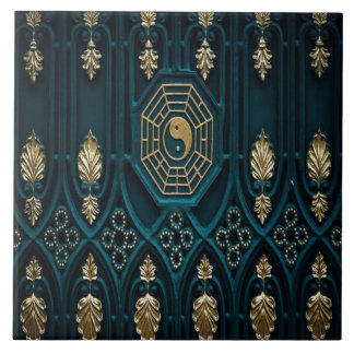 Aquamarine und goldene asiatische Abstrakt Fliese