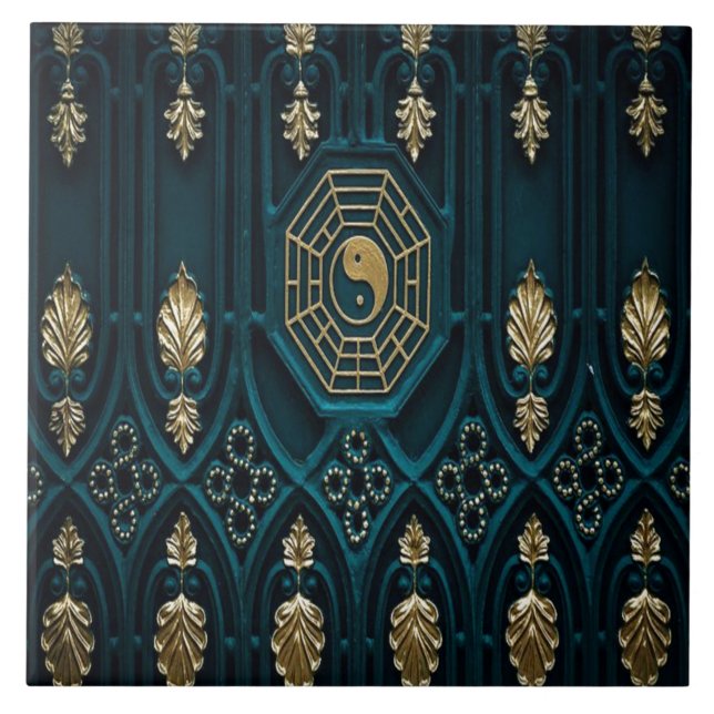 Aquamarine und goldene asiatische Abstrakt Fliese (Vorderseite)
