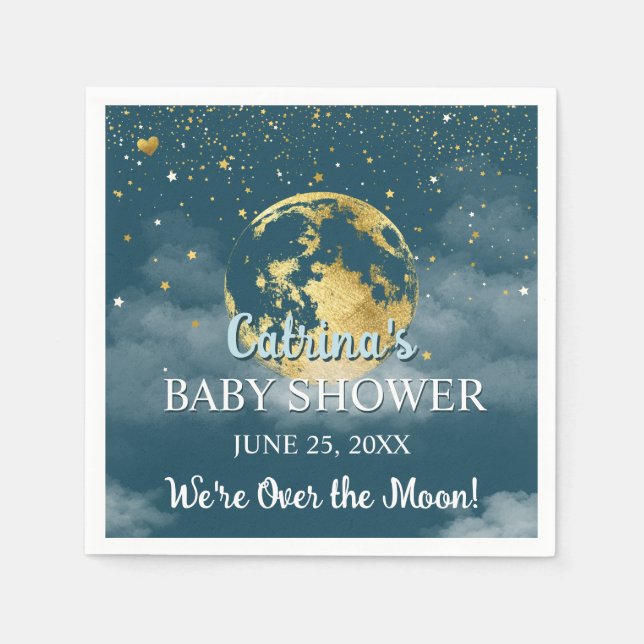 Aquamarine und goldene Babydusche über dem Mond un Serviette (Vorderseite)