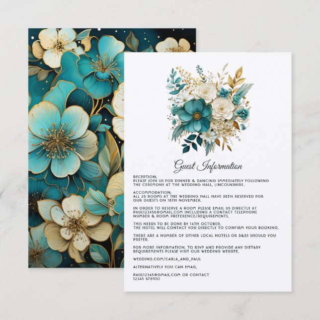 Aquamarine und goldene Blumengäste Details Begleitkarte (Vorne/Hinten)