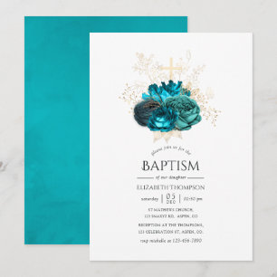 Aquamarine und goldene Blumentaufe Einladung