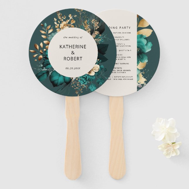 Aquamarine und goldene Blumenzehen Fächer (Vorne und Hinten)