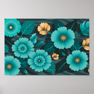 Aquamarine und goldene Blüte mit dunkelgrünen Blät Poster