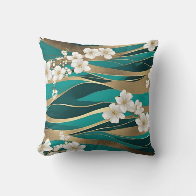 Aquamarine und goldene Blüten Kissen (Vorderseite)