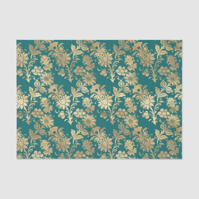 Aquamarine und goldene Blütendamast Seidenpapier (Vorderseite)