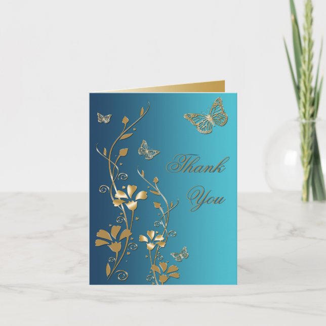 Aquamarine und goldene Blütenkarte Dankeschön Kart Dankeskarte (Vorderseite)