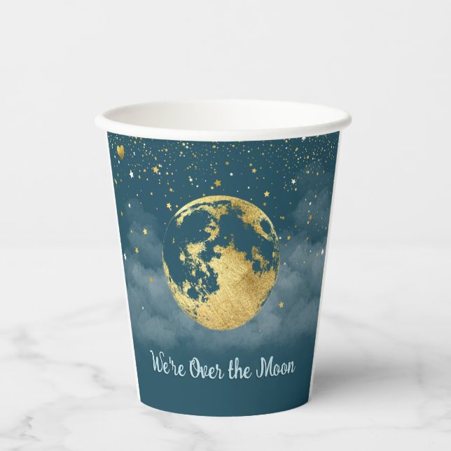 Aquamarine und goldene Dusche über dem Mond Pappbecher (Vorderseite)