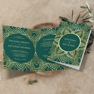 Aquamarine und goldene Ethnic Mandala Indian Weddi Einladung