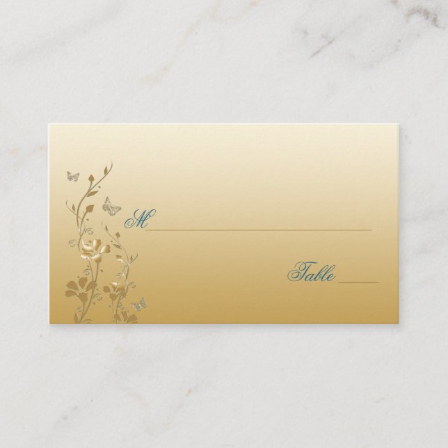 Aquamarine und goldene Flora mit Schmetterlingspla Platzkarte (Vorderseite)