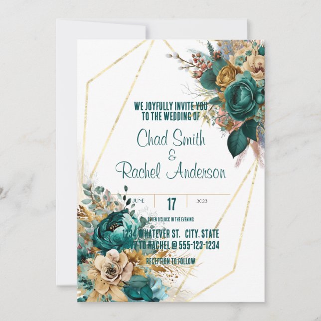 Aquamarine und goldene Hochzeit Einladung (Vorderseite)
