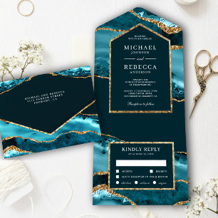 Aquamarine und goldene Marmorhochzeit All In One Einladung