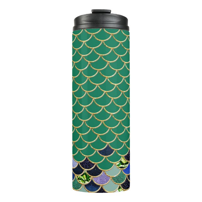 Aquamarine und goldene Meerjungenskala Thermosbecher (Vorderseite)