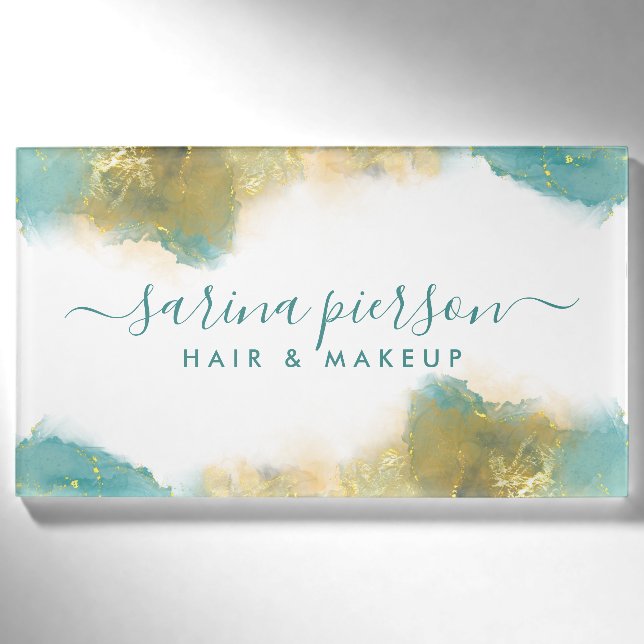 Aquamarine und goldene, moderne Kunst Flüssige Aqu Namenschild (Vorderseite)