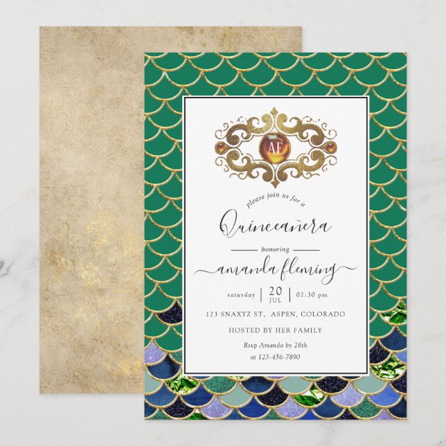 Aquamarine und goldene Monogramm Gemstone Meerjung Einladung (Vorne/Hinten)