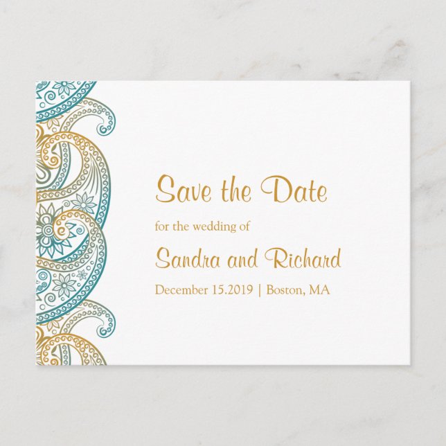 Aquamarine und goldene Paisley Save the Date Ankündigungspostkarte (Vorderseite)