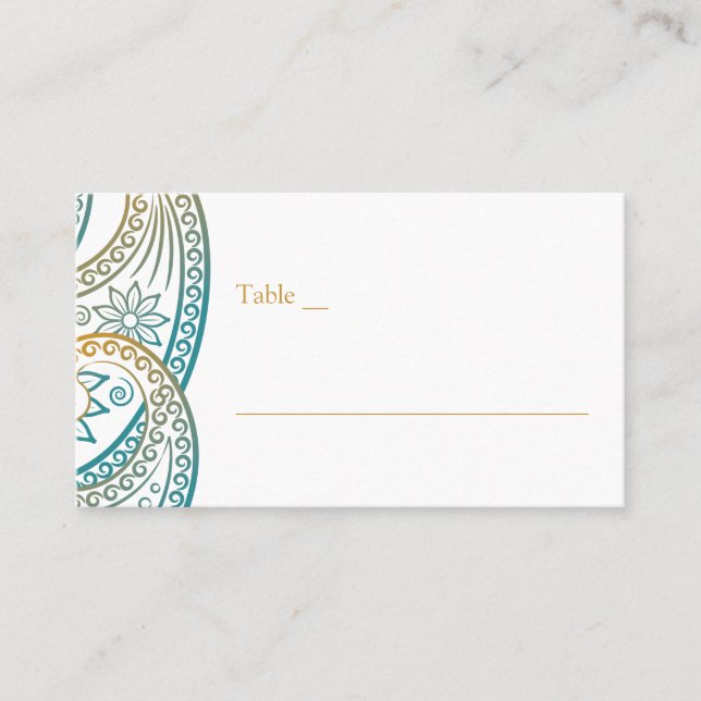 Aquamarine und goldene Paisley Wedding Platzkarte (Vorderseite)