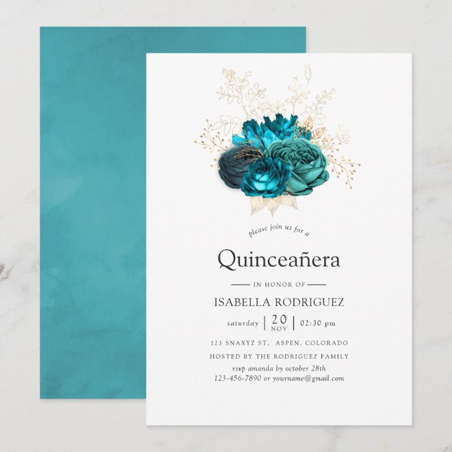 Aquamarine und goldene Quinceñera Einladung (Vorne/Hinten)
