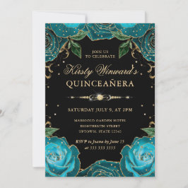 Aquamarine und goldene Rose Blumenquinceanera Einladung