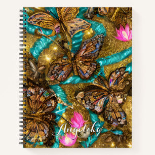 Aquamarine und goldene Schmetterlinge Personalisie Notizbuch