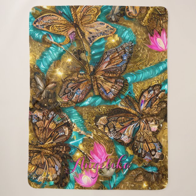 Aquamarine und goldene Schmetterlinge Personalisie Sherpadecke (Vorderseite)