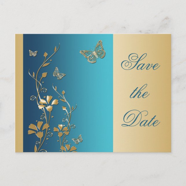 Aquamarine und goldene Schmetterlinge Save the Dat Ankündigungspostkarte (Vorderseite)