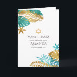Aquamarine und goldene tropische Bat Mitzvah Dankeskarte<br><div class="desc">Mit dieser eleganten Dankeschön-Karte, die sich perfekt für eine Bat Mitzvah oder eine jüdische Feier eignet, bedanken Sie sich. Dieses tropische Design mit aquamarinen und goldenen Blätter aus Palmen und einem Star of David verbindet den modernen Stil mit traditioneller Symbolik. Vollständig anpassbar, ist es eine durchdachte Art, Ihren Gästen zu...</div>