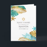 Aquamarine und goldene tropische Bat Mitzvah Dankeskarte<br><div class="desc">Mit dieser eleganten Dankeschön-Karte, die sich perfekt für eine Bat Mitzvah oder eine jüdische Feier eignet, bedanken Sie sich. Dieses tropische Design mit aquamarinen und goldenen Blätter aus Palmen und einem Star of David verbindet den modernen Stil mit traditioneller Symbolik. Vollständig anpassbar, ist es eine durchdachte Art, Ihren Gästen zu...</div>