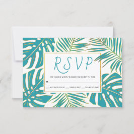 Aquamarine und goldene tropische Blätter Hochzeit RSVP Karte