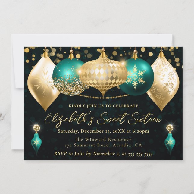 Aquamarine und goldene Weihnachtsbaumwolle Süß 16 Einladung (Vorderseite)