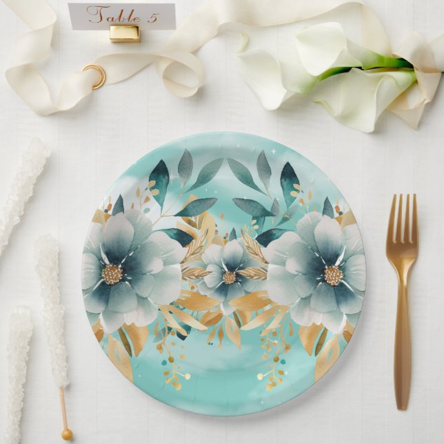 Aquamarine und goldfarbene, elegante Papierplatte Pappteller (Hochzeit)