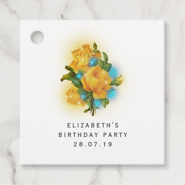 Aquamarine und goldgelbe Rosen und Spitzen Geschenkanhänger (Vorderseite)