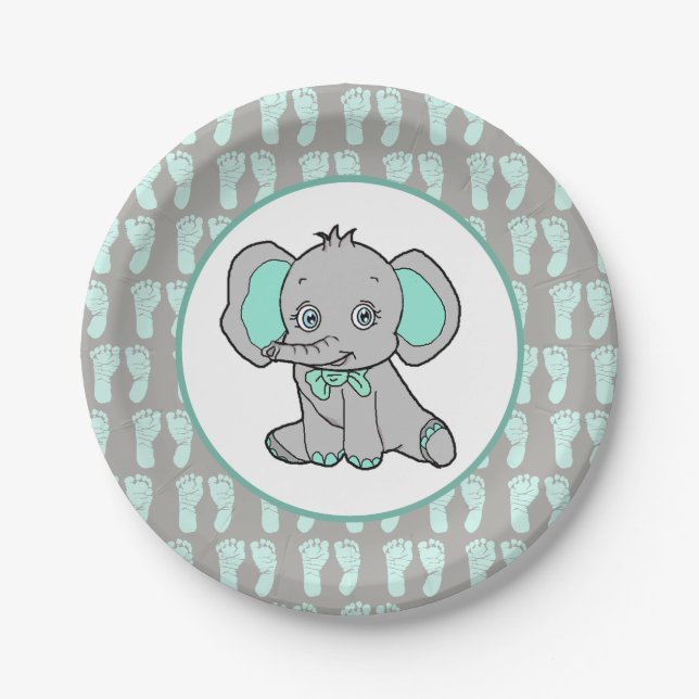 Aquamarine und graue Elephant Themed Baby Dusche Pappteller (Vorderseite)