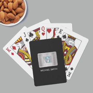 Aquamarine und graue Monogramm, Silbername, schwar Spielkarten