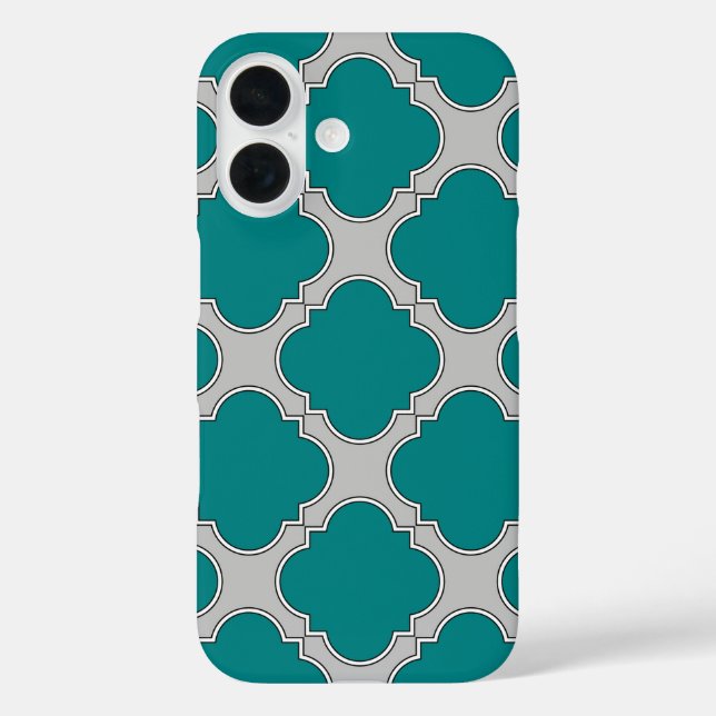 Aquamarine und graue Quatrefolie iPhone 16 Hülle (Rückseite)