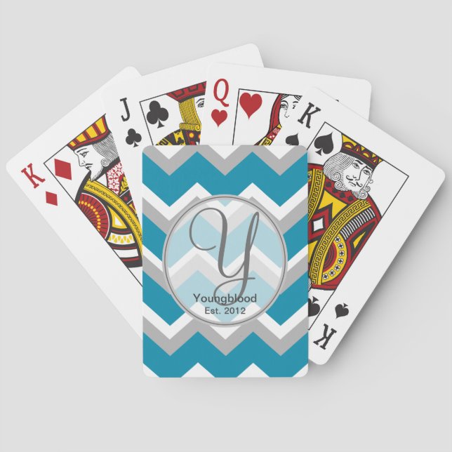 Aquamarine und graue Zickzack Monogram Playing Car Spielkarten (Rückseite)