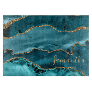 Aquamarine und Imitate Gold Glitzer Marmormatte Schneidebrett