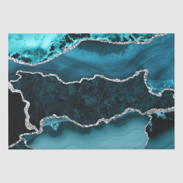 Aquamarine und Imitate Silver Glitzer Marmor Agate Seidenpapier (Vorderseite)