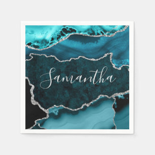 Aquamarine und Imitate Silver Glitzer Marmor Agate Serviette