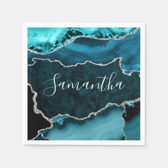 Aquamarine und Imitate Silver Glitzer Marmor Agate Serviette (Vorderseite)
