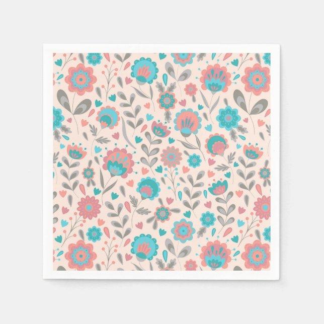 Aquamarine und kortikale Folklorekunst Blumenmuste Serviette (Vorderseite)