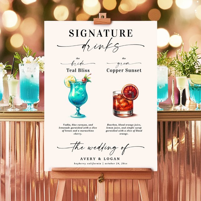 Aquamarine und kupferne Braut- und Untertitelgeträ Poster (A Wedding Bar with Teal and Copper Colored Signature Drinks. Blue Lagoon and Whiskey Sour.)