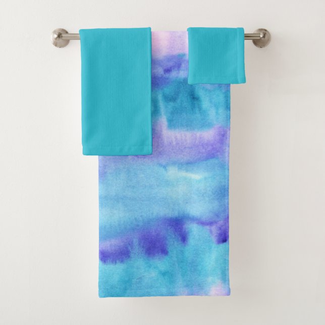 Aquamarine und Lila Aquarellgestaltung #2 | Badhandtuch Set (Insitu)