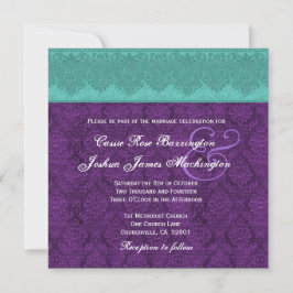 Aquamarine und Lila Damask Monogram Wedding V15 Einladung