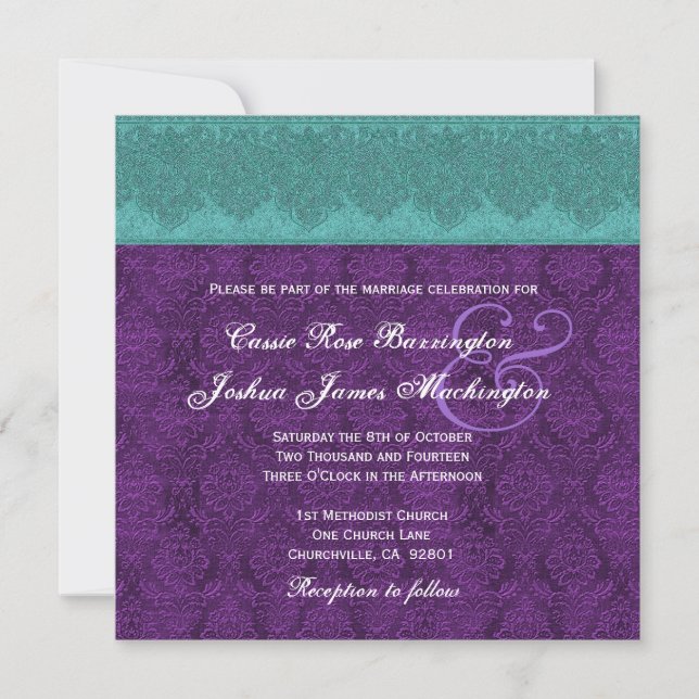 Aquamarine und Lila Damask Monogram Wedding V15 Einladung (Vorderseite)