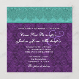 Aquamarine und Lila Damask Monogram Wedding V15 Einladung