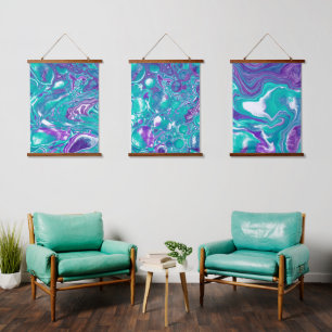 Aquamarine und Lila Marble Fluid Art Hangband Wandteppich Mit Holzrahmen